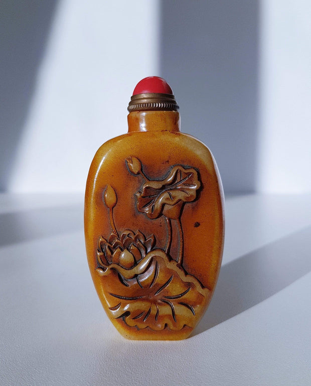 AnyesAttic Curio Early 20th Cen. Chinese Soapstone Zhusha Bottle and Seal with Carved Lotus and Lily Pad Relief