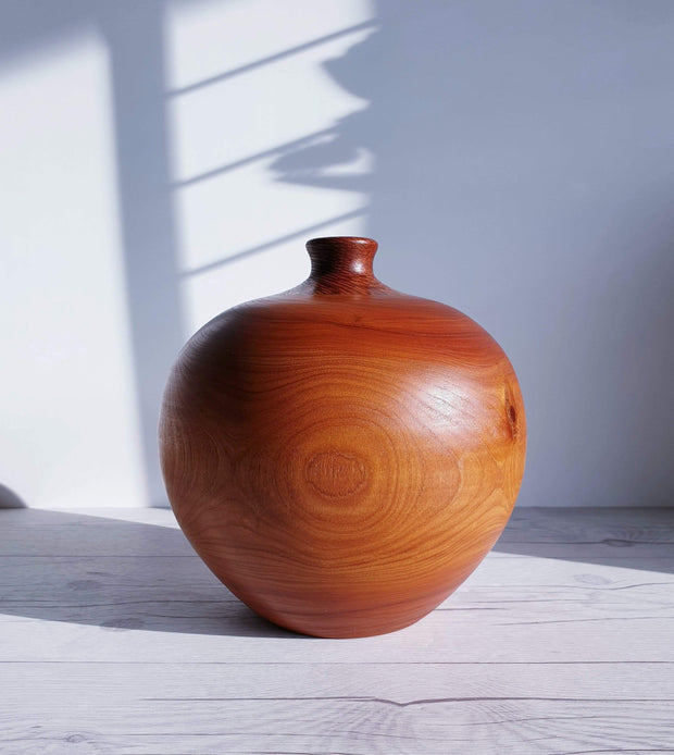 AnyesAttic Curio Mid Century Modern Hand Turned and Polished Cherrywood with Leopardwood Inlay Ball Vase