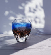AnyesAttic Glass 1960s - 70s Czech Art Glass, Modernist Sculpted Vase in Blue and Cinnamon Amber