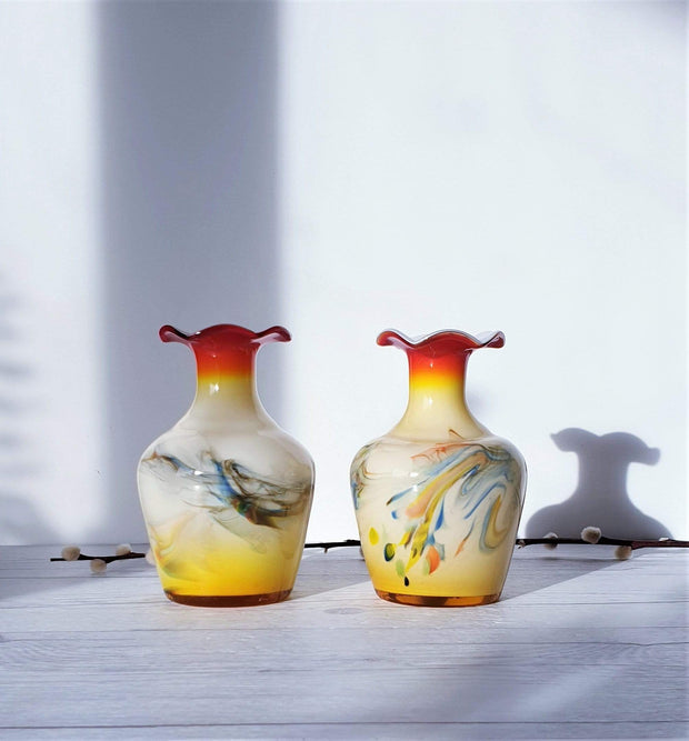 AnyesAttic Glass 1960s Pair of Snowflake Series by Dalian Glass, 'Murano' Pale Yellow and Red Art Glass Vases