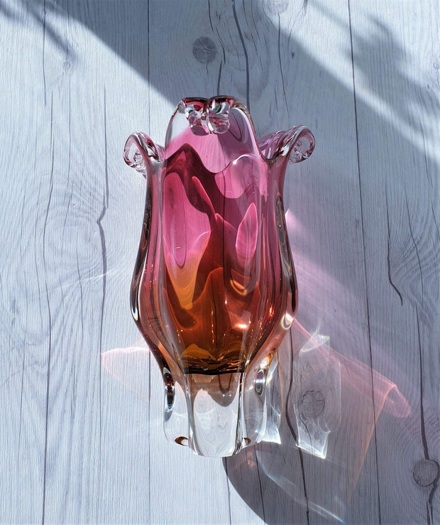 AnyesAttic Glass 1970s Japanese Bohemian Hot Pink and Amber Biomorphic Art Glass, Tulip Cased Glass Vase