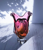 AnyesAttic Glass 1970s Japanese Bohemian Hot Pink and Amber Biomorphic Art Glass, Tulip Cased Glass Vase
