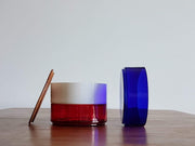 AnyesAttic Glass 1970s Mid Century Modern Kitchenalia, Tricolore Red, White and Blue Glass and Teak Stackable Storage