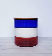 AnyesAttic Glass 1970s Mid Century Modern Kitchenalia, Tricolore Red, White and Blue Glass and Teak Stackable Storage