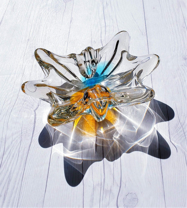 AnyesAttic Glass 1970s Sanyu Glassworks Narumi Series Orange and Cerulean Blue Sommerso Art Glass Dish | Japanese