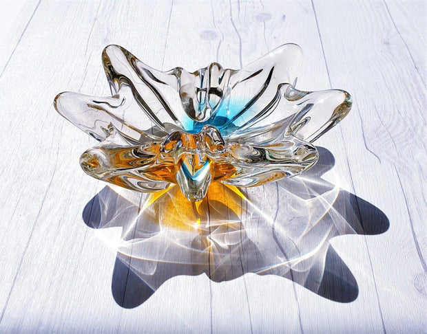 AnyesAttic Glass 1970s Sanyu Glassworks Narumi Series Orange and Cerulean Blue Sommerso Art Glass Dish | Japanese