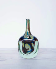 AnyesAttic Glass 1979 Mdina 'Tiger' Series, Blue, Cream, Yellow and Russet, Faceted Art Glass Bottle Vase, Signed