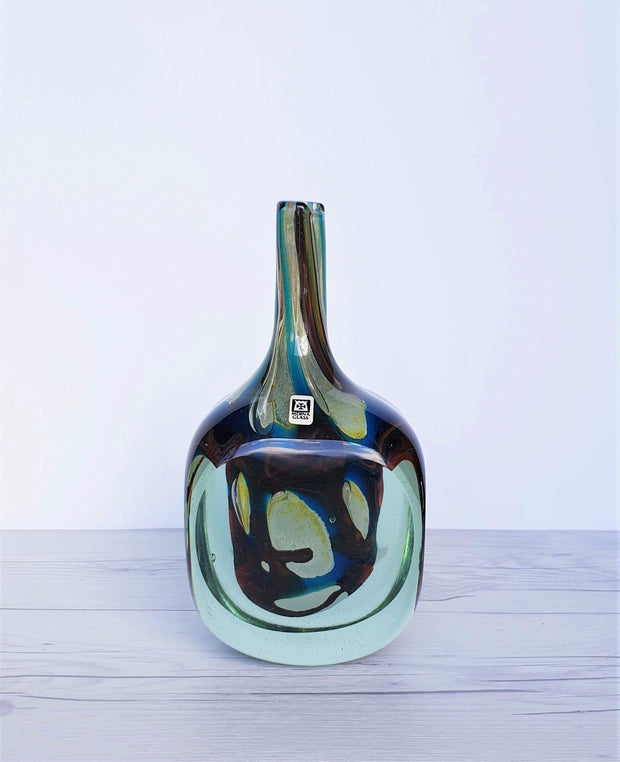 AnyesAttic Glass 1979 Mdina 'Tiger' Series, Blue, Cream, Yellow and Russet, Faceted Art Glass Bottle Vase, Signed