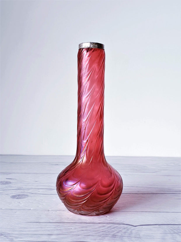 AnyesAttic Glass Antique 1900s Kralik Draped Decor, Iridescent Cranberry and Silver Collared Bohemian Art Glass Vase