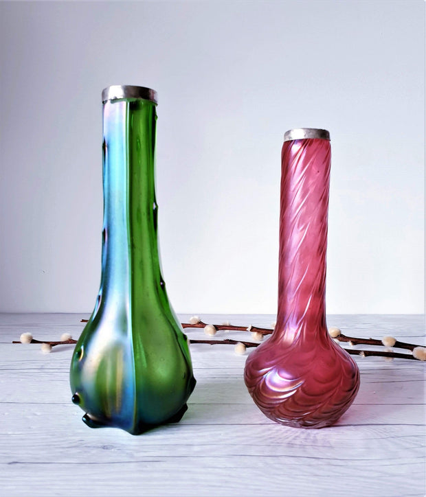 AnyesAttic Glass Antique 1900s Kralik Draped Decor, Iridescent Cranberry and Silver Collared Bohemian Art Glass Vase