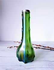 AnyesAttic Glass Antique 1910s-20s Loetz, Art Nouveau Iridescent Green with Hallmarked Silver Collar Art Glass Vase
