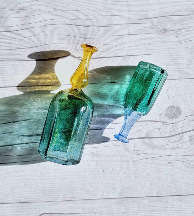 AnyesAttic Glass Bertil Vallien, (Kosta) Boda, Antikva Series, Miniature Sea-Green Geometric Bottle Vases Duo, 1970s