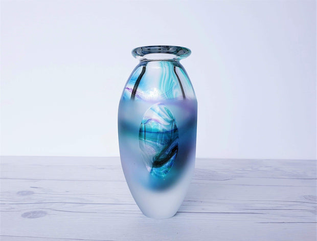 AnyesAttic Glass British Jane Charles Studio Glassworks 'Tidal' Series, Sandblasted and Faceted Art Glass Vase, 1990s