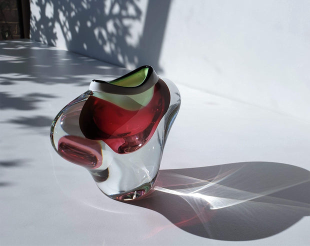 AnyesAttic Glass Chribska att Josef Hospodka Mid Century 'Open / Collared Heart' Pink, Green and White Art Glass Vase