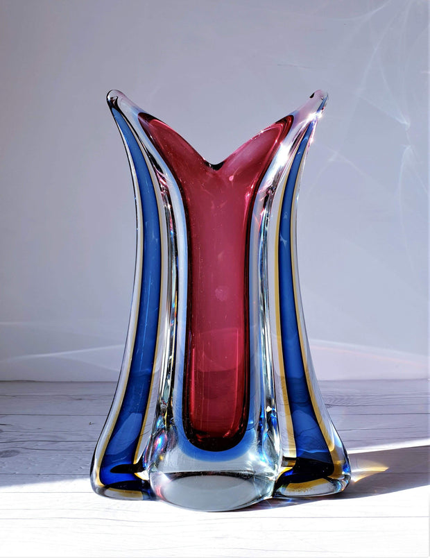 AnyesAttic Glass Mid Century Murano att. Flavio Poli, Multi-Layer Sommerso Sculpted Vase | 1950s-70s, Rare Form