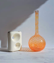 AnyesAttic Glass Modernist Handblown Wavy Striped, Orange Spectrum Art Glass Bottle Vase | 1960s