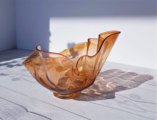 AnyesAttic Glass Murano Fazzoletto Art Glass Bowl in Amber, Coral Pink and Gold Aventurine (Avventurina) 1950s