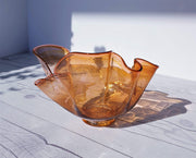 AnyesAttic Glass Murano Fazzoletto Art Glass Bowl in Amber, Coral Pink and Gold Aventurine (Avventurina) 1950s