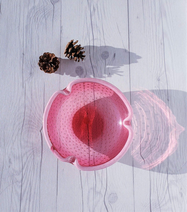 AnyesAttic Glass Murano Fratelli Toso Mid Century Bullicante and Opaline Trim Hot Pink Art Glass Dish | 1950s - 60s