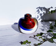 AnyesAttic Glass Murano Onesto Oball Red, Blue and Amber Double Layer Sommerso Art Glass Bottle | 1990s