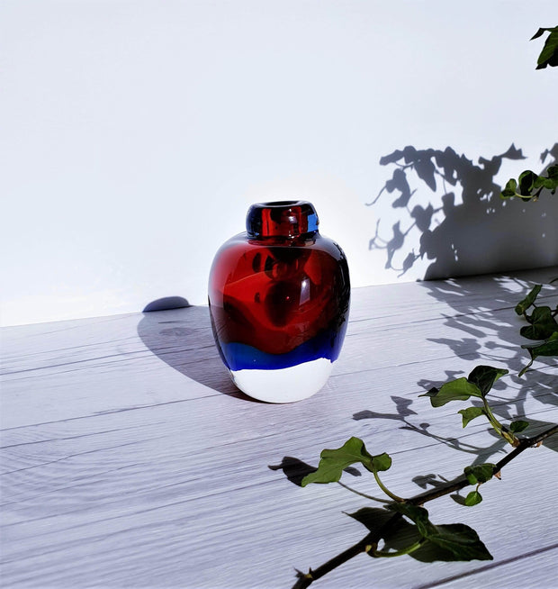 AnyesAttic Glass Murano Onesto Oball Red, Blue and Amber Double Layer Sommerso Art Glass Bottle | 1990s