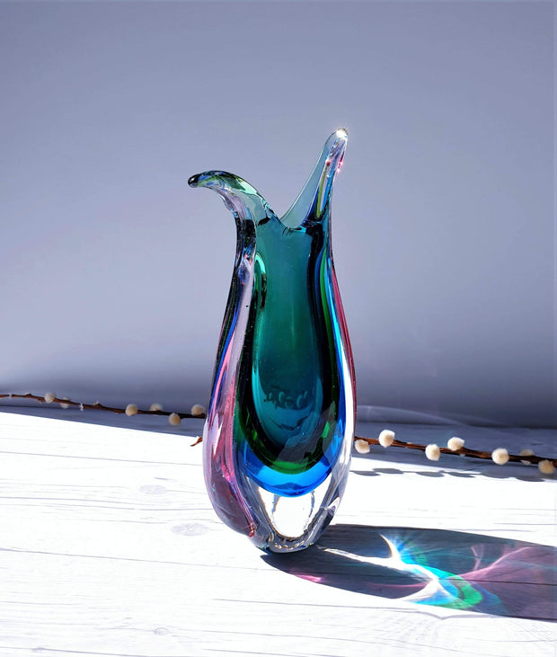 AnyesAttic Glass Murano Sommerso Quad Colour Art Glass 'Beaker' Pitcher Vase, Luigi Onesto, 1970s - 80s