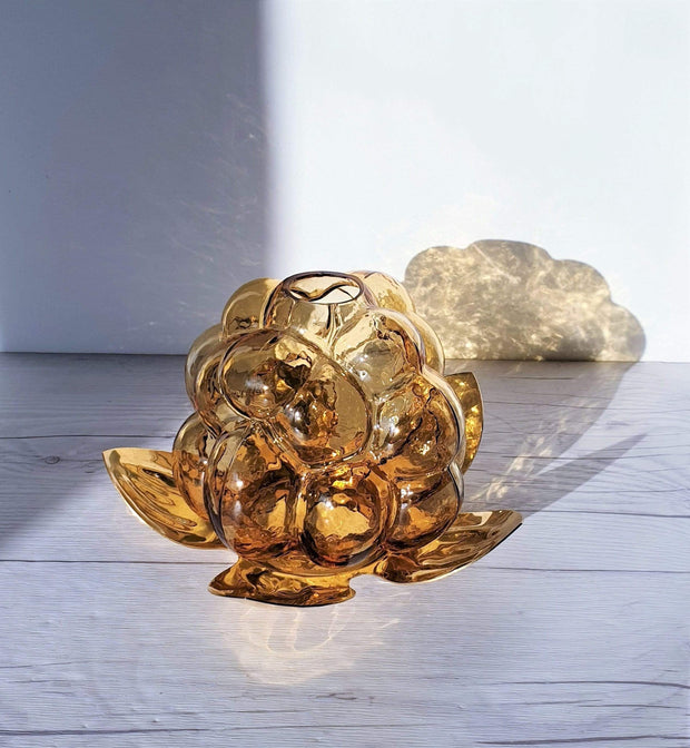 AnyesAttic Glass Rubus Series by Gunnar Muskos, 'Hjortron' Cloudberry Lantern, Amber Glass and Brass | Swedish, 1980s