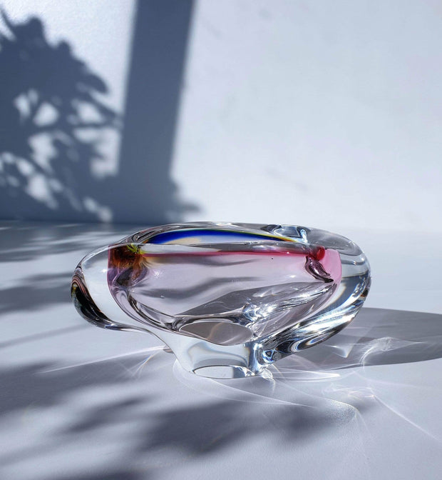 AnyesAttic Glass Skrdlovice Czech Sculpted Art Glass Dish, 1960s, Jan Beranek, Clear with Blue, Pink and Yellow