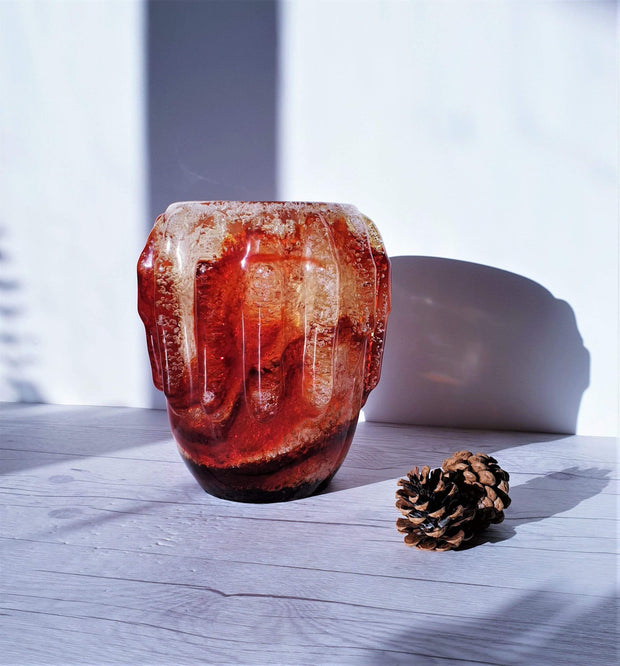 AnyesAttic Glass Sochi TPK Mid Century Modernist Foam Pulegoso 'Carnelian Crystal Geode' Plexiglass Vase, USSR | Rare