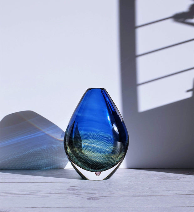 AnyesAttic Glass Sven Palmqvist for Orrefors, Kraka Series, Blue and Yellow Modernist Art Glass Vase, Collector’s Edn