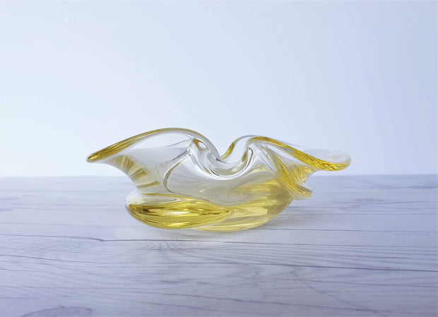 AnyesAttic Glass Zelezny Brod Sklo by Miroslav Klinger, Boho Citrine Art Glass Dish | 1960s-70s, Czech, Rare Form