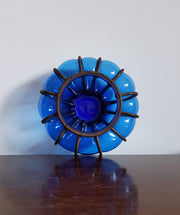 AnyesAttic Lighting 1960s Vintage Boho Handblown Caged Blue Bubble Glass Candle Holder / Lantern