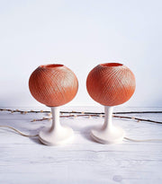 AnyesAttic Lighting Pair of 1950s-60s Mid Century Modernist, Woven Cocoon Coral and Cream Table Lamps | Panton Era