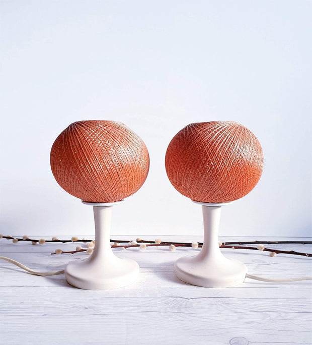 AnyesAttic Lighting Pair of 1950s-60s Mid Century Modernist, Woven Cocoon Coral and Cream Table Lamps | Panton Era