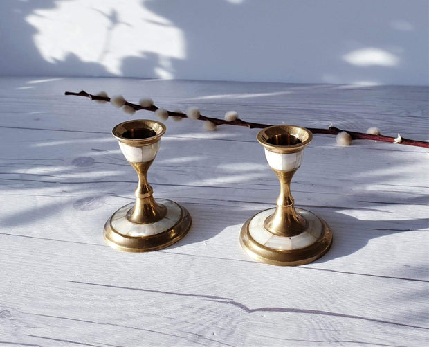 AnyesAttic Lighting Pair of 1960s - 70s Mother of Pearl and Brass Low Bougeoir Candlesticks