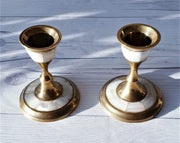 AnyesAttic Lighting Pair of 1960s - 70s Mother of Pearl and Brass Low Bougeoir Candlesticks