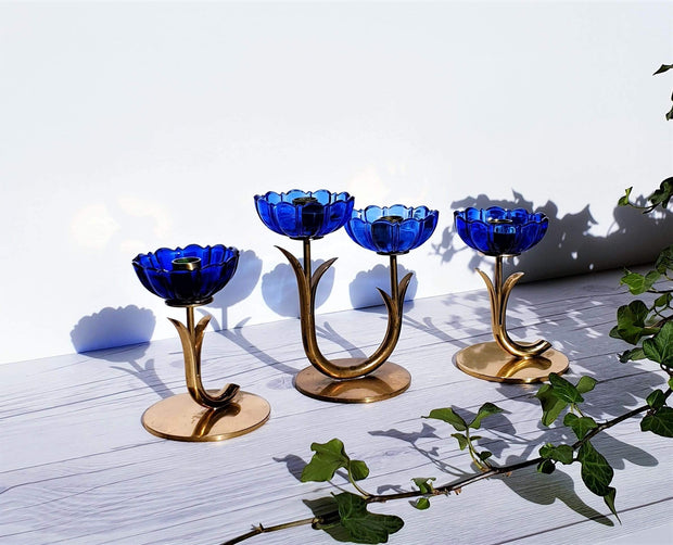 AnyesAttic Lighting Ystad Metall by Gunnar Ander, Set of 3 Modernist Blue Glass and Brass Candleholders | 1950s, Swedish