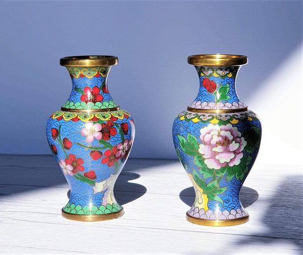 AnyesAttic Metals Vintage Chinese Pair of Miniature Cloisonne High Relief Peony and Red Blossom Decor Brass Vases