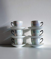 AnyesAttic Porcelain Czecho-Slovakia Victoria China Art Deco Lustre Pearlescent White and Peach, Set of 6 Cup and Saucers, 1920s -1930s