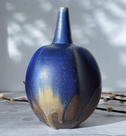 AnyesAttic Porcelain Reiner Gehrig, Grünstadt Studio, Matte Cedar, Sand and Blue Running Glaze Bottle Vase | 1970s