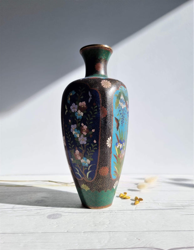 Asian Art Metals Japanese, Takahara Komajiro Cloisonne 4 Panel Vase, Kyoto-Jippo ware, Late Meiji Era, Antique