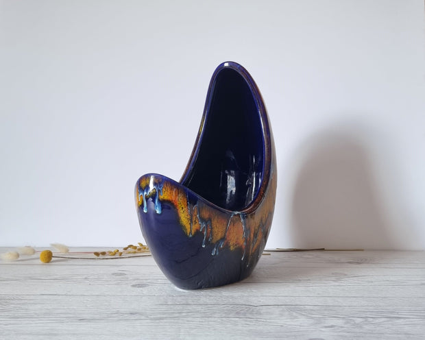 Bertoncello Ceramiche Ceramic Bertoncello, Azure Blue, Midnight Fire Palette Glaze, Modernist Crescent Moon Planter Vase, 60s-80s