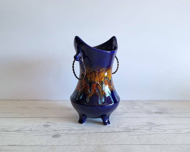 Bertoncello Ceramiche Ceramic Bertoncello Ceramiche, Trailed Glaze in Midnight Fire Palette, Mid-Mod Sculptural Cachepot Vase, Italian, 1970s-80s