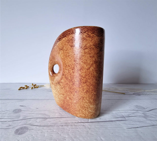 Bertoncello Ceramiche Ceramic Bertoncello, Screziato Tabacco Tan Glaze, Mid-Mod Sculptural Segment Vase, Italian, 1960s-80s