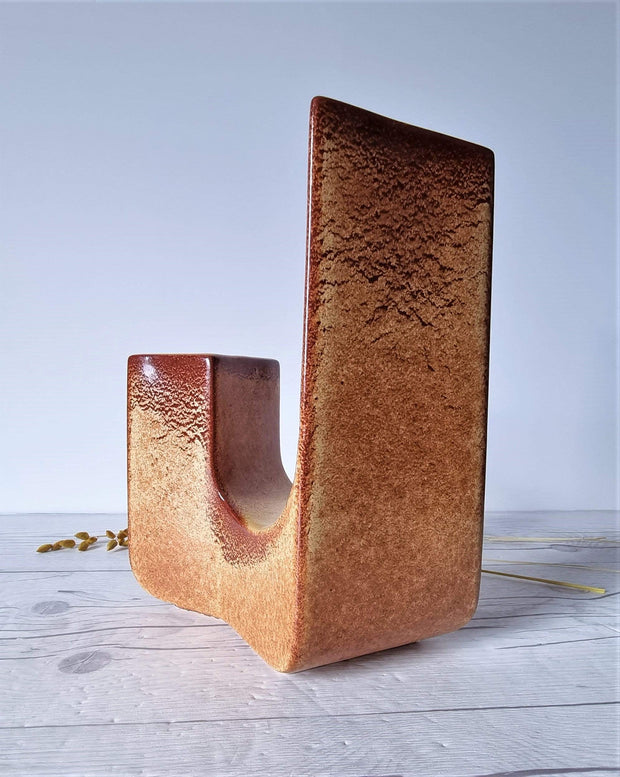 Bertoncello Ceramiche Ceramic Bertoncello, Screziato Tabacco Tan Glaze, Sculptural Mid-Mod Double-Chimney Vase, Italian, 1960s-80s