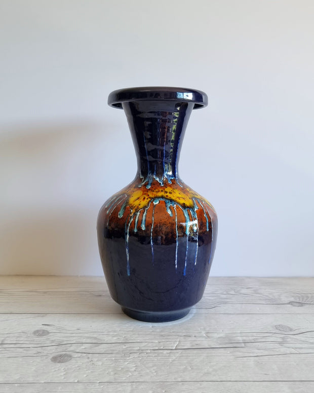 Bertoncello Ceramiche Ceramic Bertoncello, Trailed Glaze in Midnight Fire Palette, Sculptural Baluster Vase, Italian, 1970s