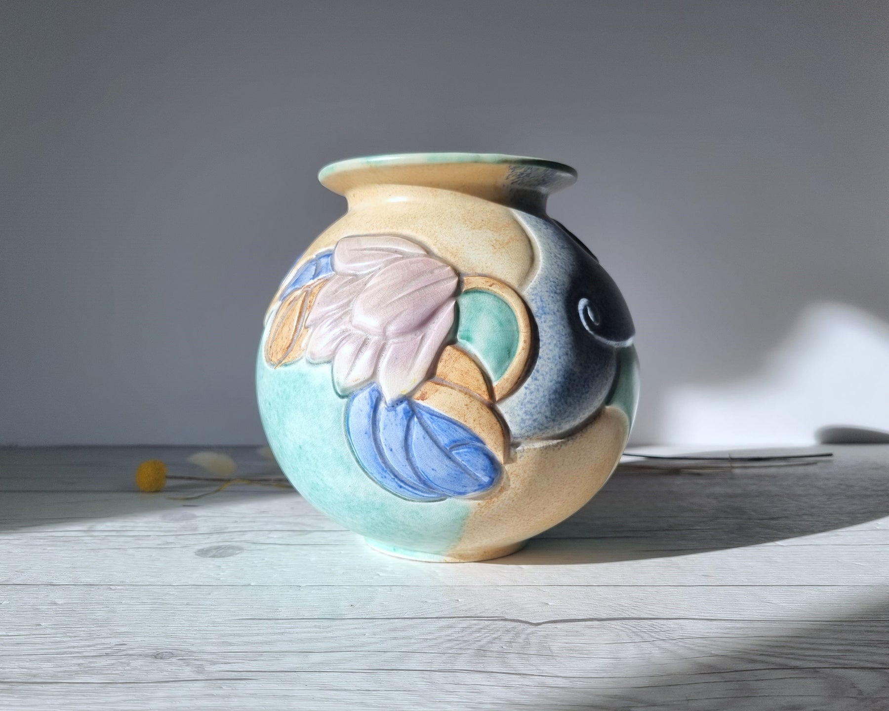 Pottery Bowl Signed Art Studio ceramic glaze Blue Pink decorative Gold Rim