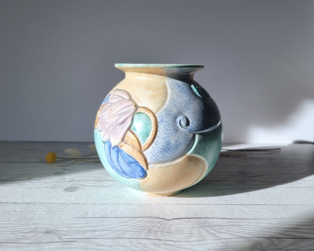 Beswick Pottery Ceramic Beswick Pottery, Art Deco Satin-Matt Sherbet Palette Glaze Carved Globe Vase, British, 1930-40s