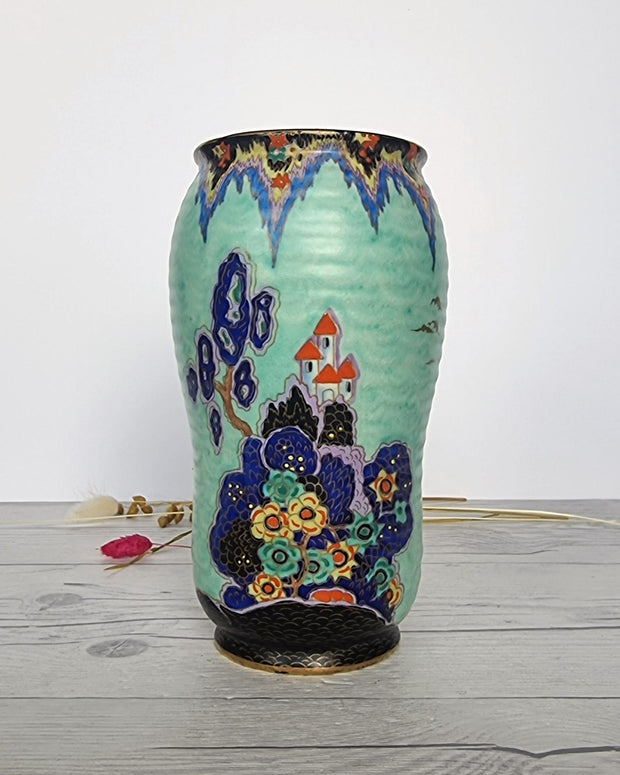 Crown Devon Ceramic Crown Devon, Mattajade Fairyland series by Enoch Boulton, Art Deco Powdered Verdigris Vase, 1930s