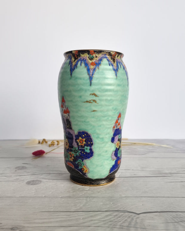 Crown Devon Ceramic Crown Devon, Mattajade Fairyland series by Enoch Boulton, Art Deco Powdered Verdigris Vase, 1930s